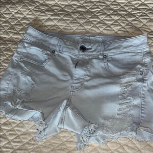 American Eagle Midi 12 Light Blue Distressed Jean Shorts
